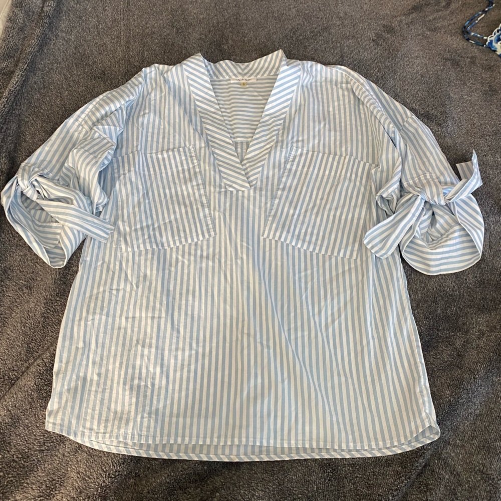 Calvin Klein Blue and White Cuffed Sleeve Blouse